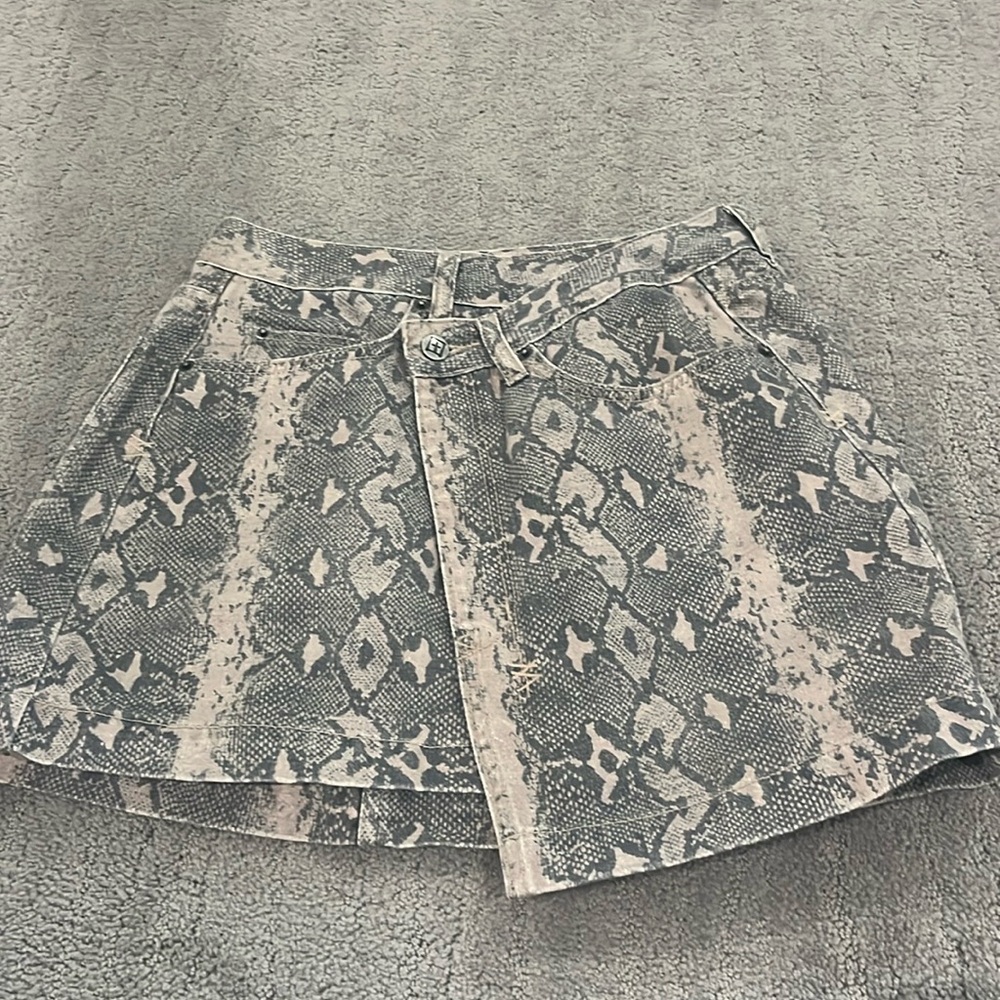 Ksubi Asymmetrical wrap-style, snakeskin print, denim miniskirt size 27